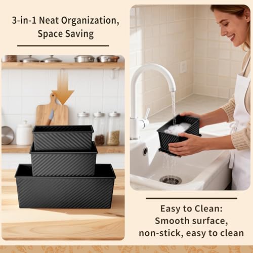 3 Pack Pullman Loaf Pan with Lids, Non-Stick Bread Loaf Pan, Heavy Duty Carbon Steel Corrugated Toast Box for Baking, Square Bread Pans for Homemade Sandwich, Bakeware (Black)