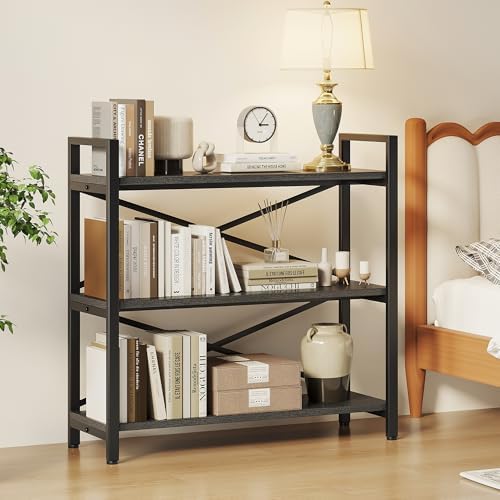 Homeiju 3 Tier Bookshelf 31.49" Width, Wood and Metal Etagere Bookcase, Vintage Farmhouse Modern Wooden Big Book Shelf for Home Living Room Bedroom Office Storage(Grey)