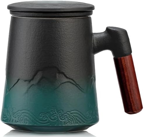 suyika Tea Cup with Infuser and Lid, Gradient Black & Blue, 15.2oz /450ml