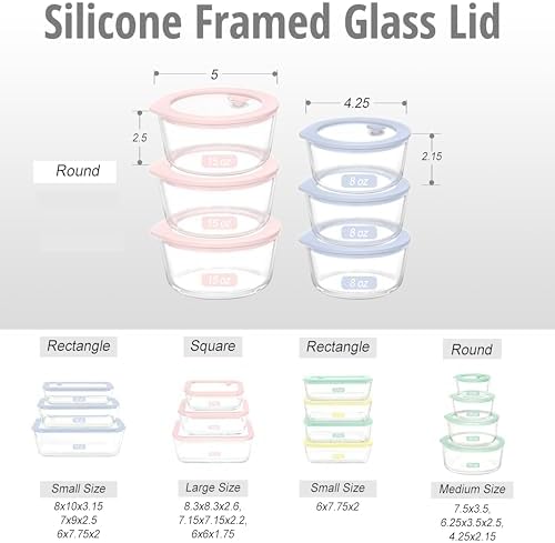 Glass Food Storage Containers with Lids, Plastic Free Semi-Tempered Glass Lids with Silicone Air Vent, Airtight & Leak-Proof Meal Prep Container Set, Oven, Microwave, Freezer & Dishwasher Safe