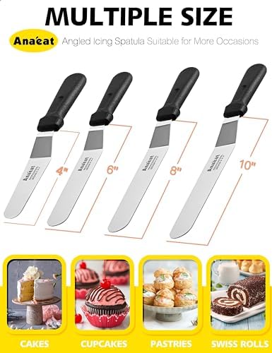 Anaeat Icing Spatulas, Set of 4 Professional Cake Angled Offset Spatula with 4", 6", 8", 10" Stainless Steel Blades - Thickened Frosting Knife with Plastic Handle for Cake Decorating, Pastry & Baking
