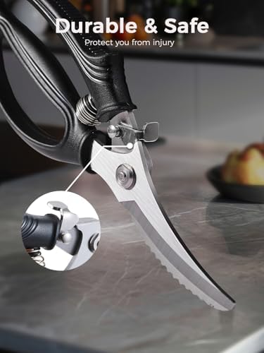 Poultry Shears, Heavy Duty Kitchen Shears With Anti-Slip Handle & Safety Lock, Poultry Scissors for Meat, Chicken, Bone,Turkey, Fish, Spring Loaded, Dishwasher Safe