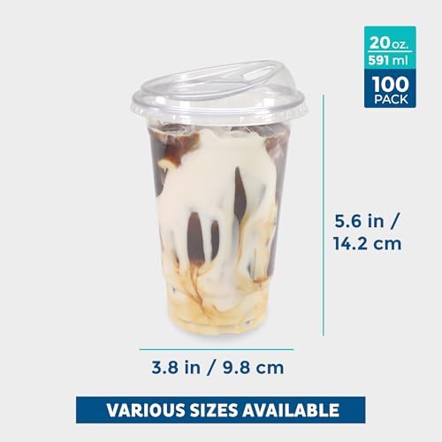Freshware Clear Plastic Cups with Strawless Sip Lids [100 Cups - 20 oz] Disposable Tumblers for Iced Coffee, Smoothie, Milkshake, Cold Drinks