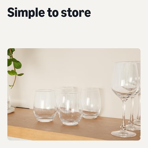 Amazon Basics Stemless White Wine Glasses Set Of 4, 14 Oz Clear Glass, Classic Design for Everyday Dining, Weddings & Parties, Dishwasher-Safe