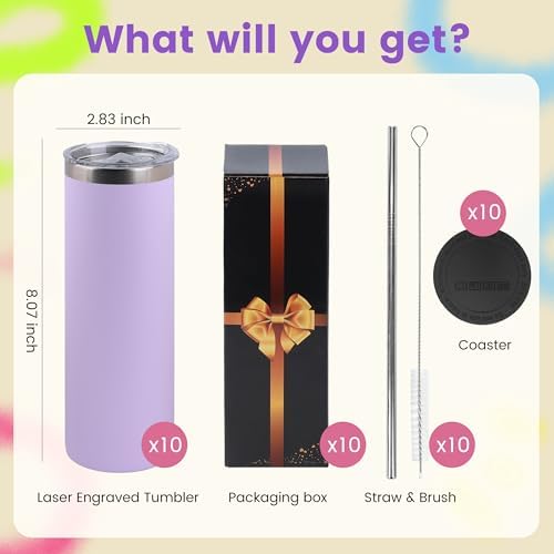 Joyclub Tumblers Bulk with Lids and Straws 10 Pack 20 oz Powder Coated