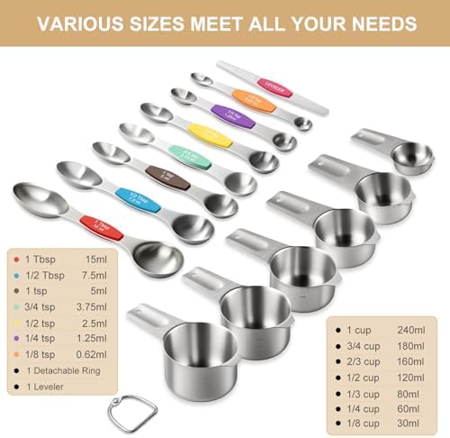 Stainless Steel Measuring Cups & Spoons Set, EWFEN Kitchen Tools Nesting Measuring Cups and Spoons, Fits in Spice Jars for Baking & Cooking, BPA Free, Set of 15 with Leveler, Multicolor