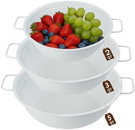 White Stainless Steel Colander Set of 3, 2, 3 & 5 Quart Metal Kitchen Strainers with Handles and Non-Slip Feet, Pasta Drainer for Rinsing Rice, Fruits and Vegetables, Dishwasher Safe