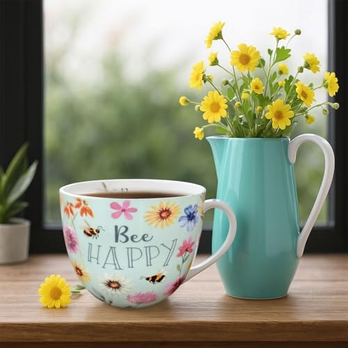 20 oz Bees & Flowers Coffee Hug Mug,“Be Happy” Designed to Spread Joy, Premium Bone China, Best Gifts for Mom Women Mothers Day, Designed in England by Harvest Green Studio