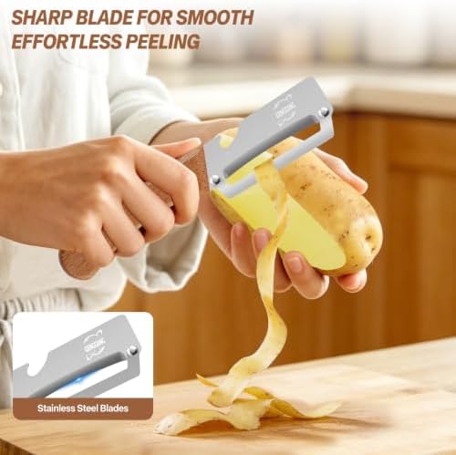 MultiFunctional Vegetable Peeler, Non-Slip Wooden Handle with Sharp Stainless Steel Blade, Built-in Bottle Opener - Perfect Kitchen Peeler For Veggie, Fruit, Potato, Carrot, Apple