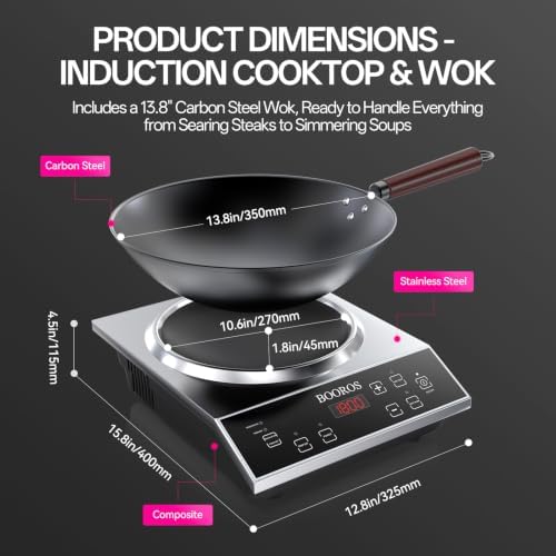 BOOROS 1800W Induction Wok Cooker, Concave Burner with 13.8" Wok