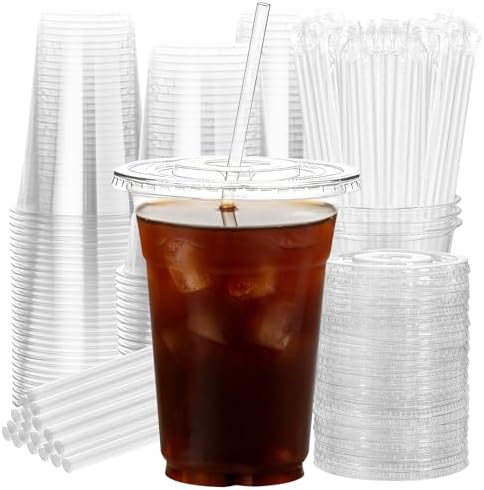 16oz 50 Pack Plastic Cups with Lids and Straws