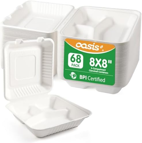 8x8 Inch 68 Pack 3-Compartment Clamshell Take Out Food Containers, Compostable Disposable Paper To Go Boxes with Lids, Heavy Duty Sugarcane Bagasse Containers for Meals & Sides, White