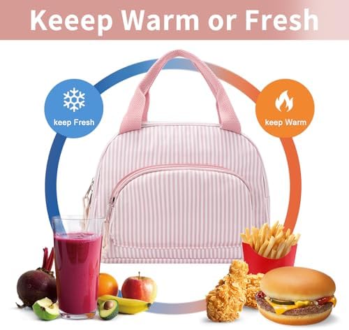 Lunch Bag Women Lunch Box for Women Adult Cute Insulated Lunch Bag Small Cooler Lunch Tote Bags for Work Picnic Travel (Pink Stripes)