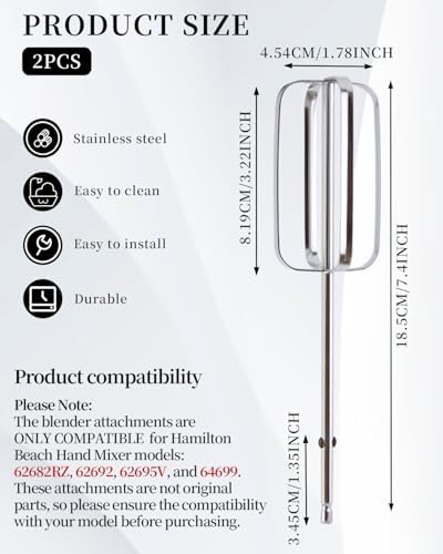 2 Pcs Hand Mixer Attachments Beaters, Hand Mixer Beaters Attachments Kitchen Stainless Steel Replacement Parts for Hamilton Beach 62682RZ 62692 62695V 64699 Mixer