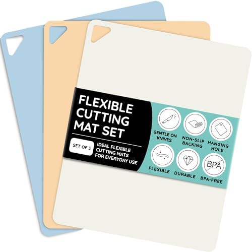 Extra Thick Flexible Cutting Boards for Kitchen, Cutting Mats for Cooking, Colored Cutting Mat Set, Non-Slip Cutting Sheets, Flexible Plastic Cutting Board Set of 3, Serving Utensils 15"x12"