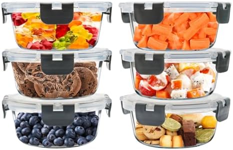 6 Pack 13oz Small Round Glass Meal Prep Containers with Airtight Lids