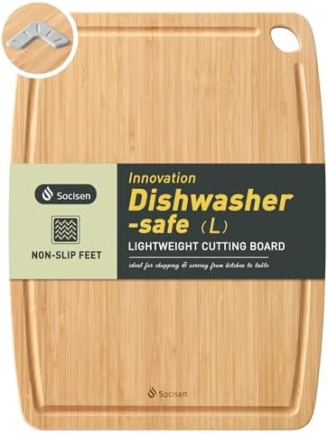 Lightweight Durable Bamboo Cutting Board with Non-Slip Feet, Non Toxic Wooden Cutting Board for Kitchen Heat-Resistant Chopping & Charcuterie Board with Juice Groove Kitchen Essentials for Meat