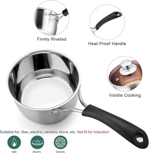 TeamFar Saucepan with Lid, 2 qt Sauce Cooking Pot Milk Pan Stainless Steel