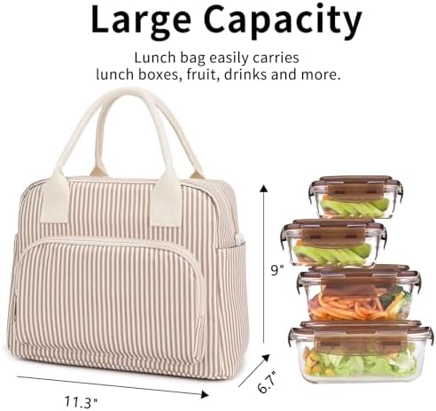 Lunch Bag Women Lunch Box for Women Adult Cute Insulated Lunch Bag Lager Cooler Lunch Tote Bags for Work Picnic (Brown Stripes)