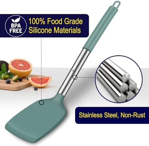 HOTEC Silicone Spatula Set of 2 Heat-Resistant 600F & BPA-Free Kitchen Spatula Turner with Stainless Steel Handles, Slotted & Solid Spatulas for Nonstick Cookware, 13.7 Inch, Sage Green