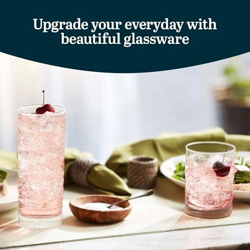 Libbey Pueblo Tumblers and Rocks Glass Cups Set, Wavy and Groovy Drinking Glasses Set of 16, Dishwasher Safe Modern Glassware for Everyday Use