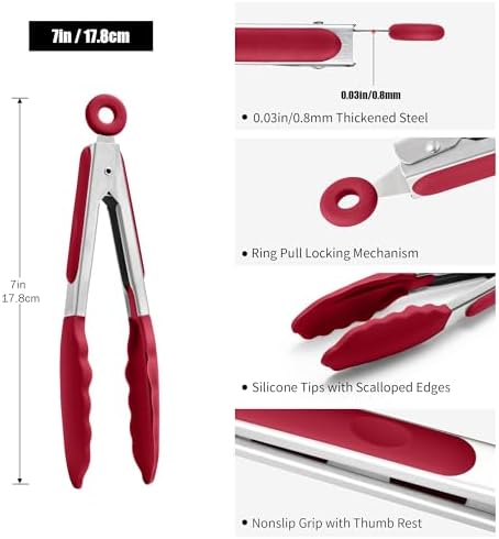 Doosu Kitchen Tongs with Silicone Tips for Cooking Serving (7in, Red)