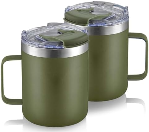 12oz Insulated Travel Coffee Mug with Handle, Army Green, 2 Pack
