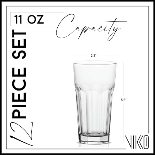 Vikko Drinking Glasses, 11 Ounce Large Glass Cups, Durable Glasses Set of 12, Stackable Water Glass, Highball Heavy Base Tumblers, Dishwasher Safe