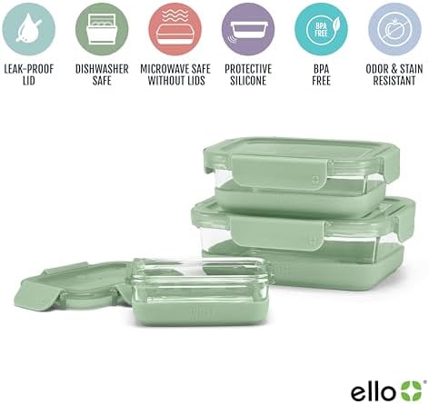 Ello Duraglass Refresh Mixed Meal Prep Set 6Pc, 3 Pack - Glass Food Storage Container with Silicone Boot and Airtight BPA-Free Plastic Lids, Dishwasher, Microwave and Freezer Safe, Cactus