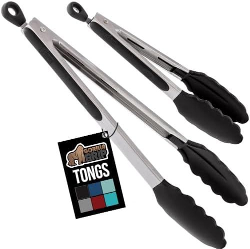 GORILLA GRIP Stainless Steel Kitchen Tongs for Cooking, 2 PK, Black