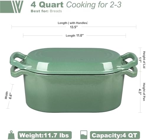 VORRINGARD Oval Dutch Oven Pot with Lid, Enamel Coating Cast Iron Bread Pans for Homemade Sourdough Bread Baking, Cooking, 4 Quart, Sage Green