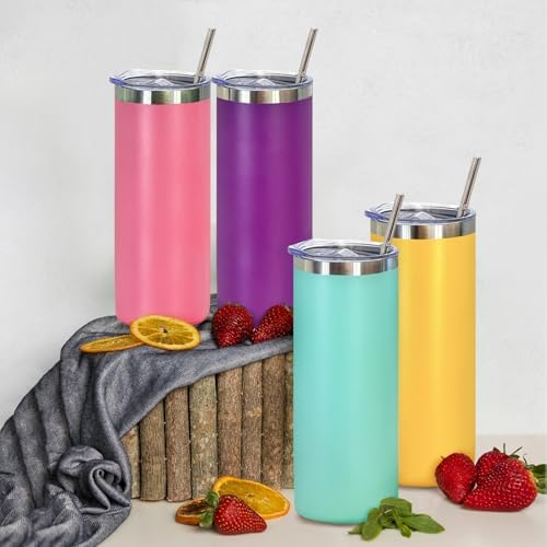 YOUKE OLA 32 Pack Stainless Steel Skinny Tumblers Bulk Straight Double Wall Powder Coated Insulated Tumbler with Lid and Straw for Laser Engrave, DIY Gift, 20oz Mix Colors
