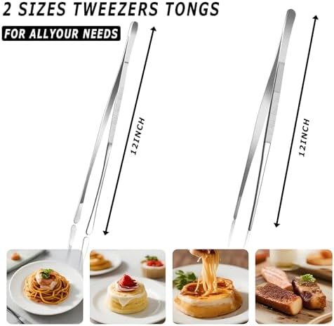 Pinovk 2 Pcs 12-Inch Kitchen Tweezers, Extra-Long Stainless Steel Cooking Tweezer Tongs for Plating, Roasting, Serving Food, Silver