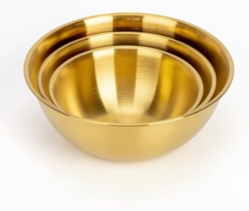 3-Set Stainless Steel Golden Mixing Bowls Set (0.74, 1.26 & 2.2 Qt) Metal Bowl Sets with Measurement Marks, Dishwasher Safe & Stackable - For Baking, Salad Making, Meal Prep and Kitchen Use
