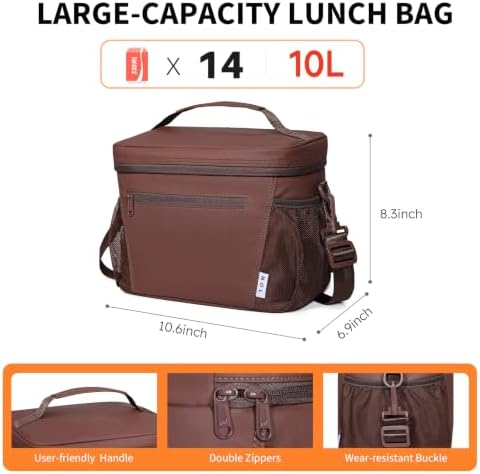 NOL Insulated Lunch Bag for Women Men Adults, Reusable Lunch Tote with Adjustable Shoulder Strap, Leakproof Thermal Food Cooler Bag with Front Pocket and Side Mesh Pockets for Work Travel, Coffee
