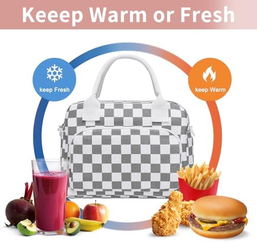 Lunch Bag Women Lunch Box for Women Adult Cute Insulated Lunch Bag Lager Cooler Lunch Tote Bags for Work Picnic (Beige-Gray Plaid)