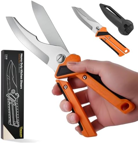Chenovate® Heavy Duty Kitchen Scissors,Kitchen Shears with Knife & Scissor Switch Lock,Food Scissors Fit for Poultry Bones,Turkey,Meat Cutting,Veggies,Fish,Pizza (orange)