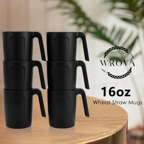 Wrova 16oz Wheat Straw Cups with handles set of 6-Plastic Cups Reusable-Unbreakable Kids Mugs-Dishwasher Safe & Microwave Safe-Ideal Plastic Mugs for Tea,Coffee,Camping,RV-Black