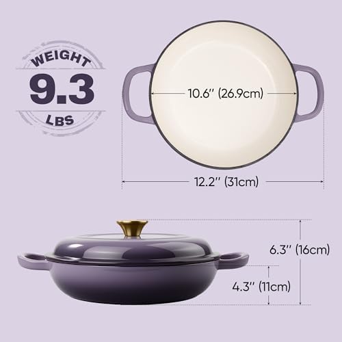 3 Quart Enameled Cast Iron Braiser, Non Stick Enameled Cast Iron Skillet with Lid, Dutch Oven Skillet with lid up to 500°F for Oven, Stove, Grill, Shallow Dutch Oven for Cook, Bake (Purple)