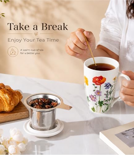 AmorArc Tea Cup With Infuser and Lid, 18oz Loose Leaf Tea Mug With Steeper