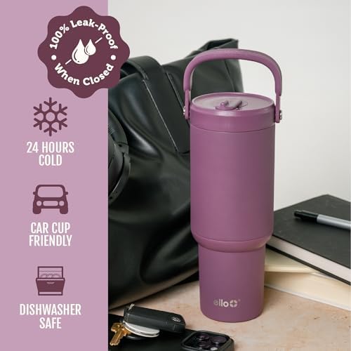 Ello Oasis Go+ 32oz Insulated Stainless Steel Tumbler with Straw, Rasberry