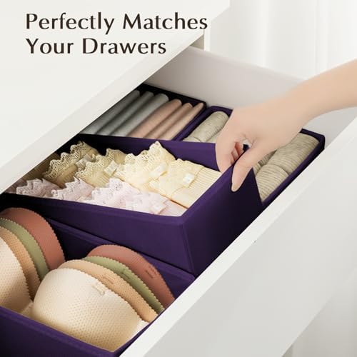 DIMJ Drawer Organizers Clothes, Set of 4 Dresser Organizer Bins, Fabric Closet Organizers and Storage, Shallow Drawer Dividers for Nursery, Clothing, Baby Clothes, Socks, Underwears, Tie (Purple)