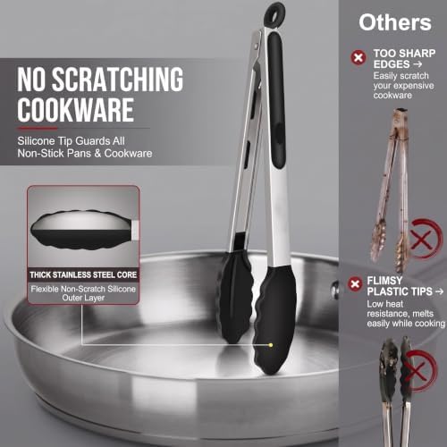 Kitchen Tongs for Cooking, 3 Tongs 7", 9", 12" + Oil Brush, Heat Resistant 600°F, Non-Slip Silicone Tips, Heavy Duty Metal Locking Tongs, Black, Salad, BBQ Grill, Pasta Silicone Tongs, Dishwasher Safe