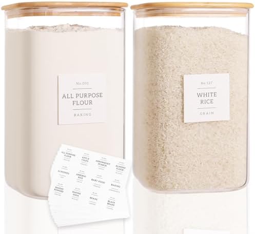 CZZGSM 2 Pack Square Glass Flour and Sugar Containers with 132 Kitchen Pantry Labels - Thicken 149 FL OZ Large Glass Storage Jars with Airtight Bamboo Lid - Big Food Canisters for Rice, Pasta, Cookie