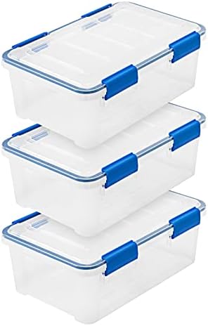 IRIS USA 3-Pack 16 Qt Storage Bins with Gasket Lids, Clear/Blue