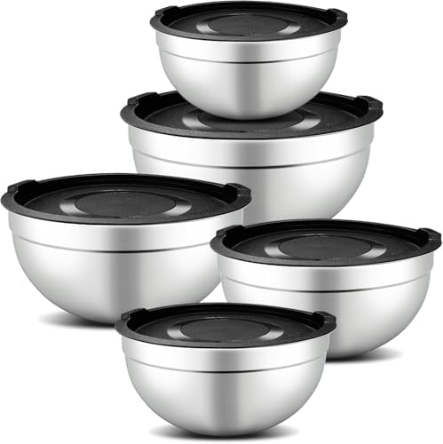 hunnycook 5 Piece Mixing Bowl Set - Mixing Bowls with Lid, Stainless Steel Mixing Bowls for Baking, Size 1.5, 2.1, 3.5, 4, 4.5QT, Baking Bowl for Food Preparation, Mixing and Serving Foods