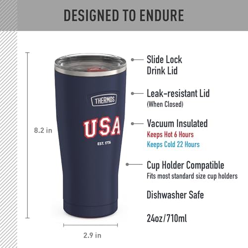 THERMOS Icon Series 24oz Stainless Steel Tumbler with Slide Lock Lid, Leakproof, Fits Cupholder, Dishwasher Safe, Griptec™ Non‑Slip Base, Keeps Drinks Hot 6 Hrs/Cold 22 Hrs, Navy USA