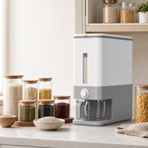 Proarea Rice Dispenser 25 Lbs, Airtight Grain Rice Storage Container with Measuring Cup, One-Touch Dry Food Dispenser for Kitchen Pantry, Clear Scale Window, Graphite Gray