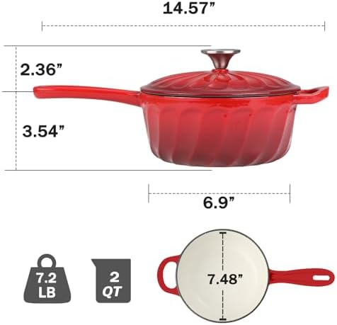 Enameled Cast Iron Sauce Pan with Lid, 2 Quart Saucepan with Lid