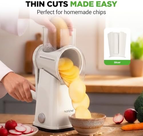 NutriChef 5 in 1 Cheese Grater & Shredder | 5 Different Blades for Thin, Thick, Julienne Strips, Wavy, & Straight Strips | Includes Hand Crank, Strong Suction Base & Storage Container | White